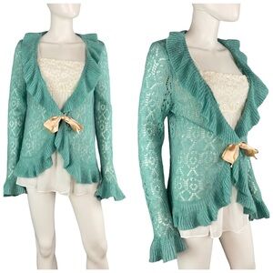 Vintage Y2k seafoam sheer crochet knit ruffled coquette cardigan bow sweater